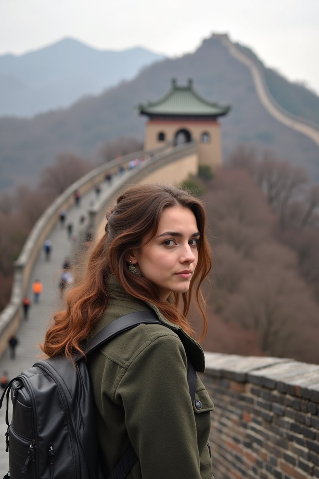 woman as digital nomad in Beijing with the Great Wall in the background