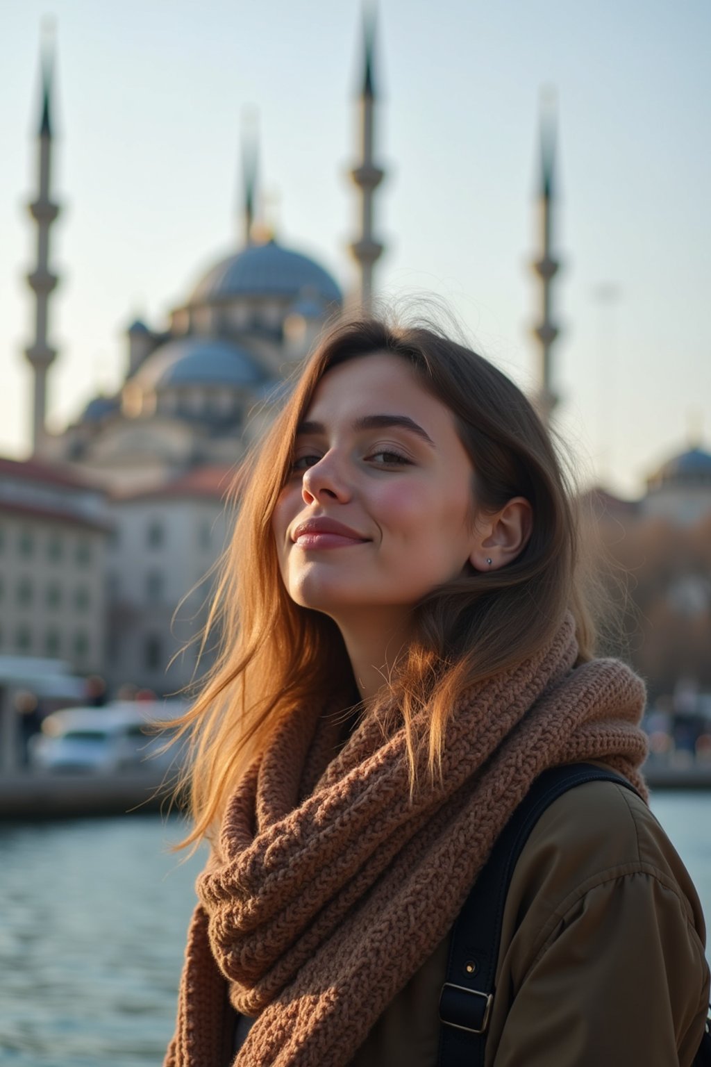 woman as digital nomad in Istanbul with The Mosque in background