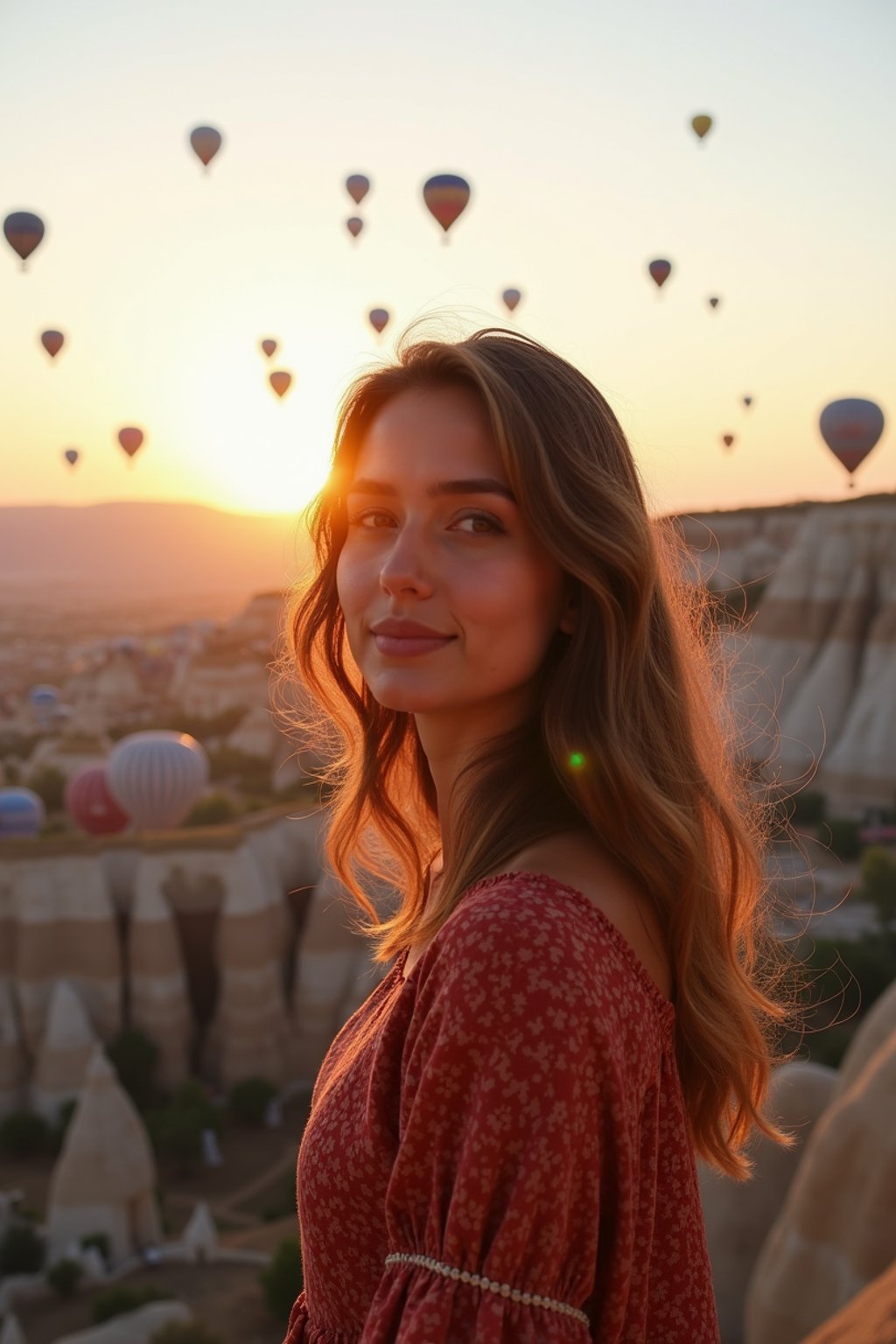 Breathtakingly woman as digital nomad with hot air balloons in the background in cappadocia, Türkiye. Cappadocia, Turkey