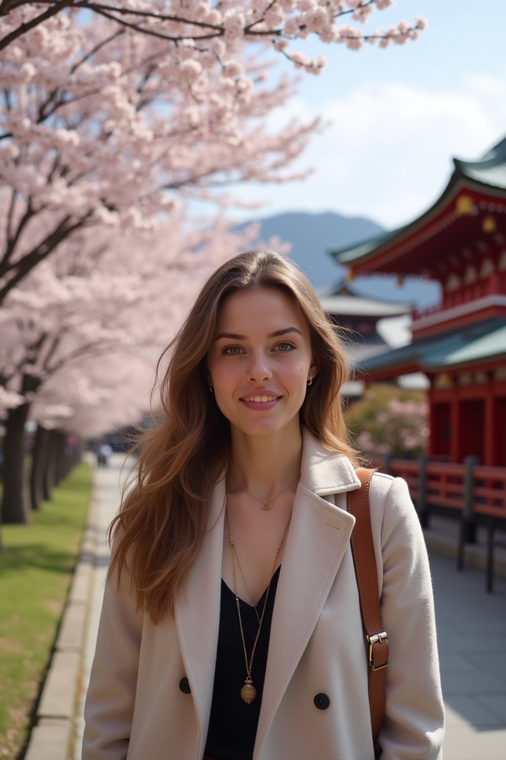 woman as digital nomad in Japan with Japanese Cherry Blossom Trees and Japanese temples in background