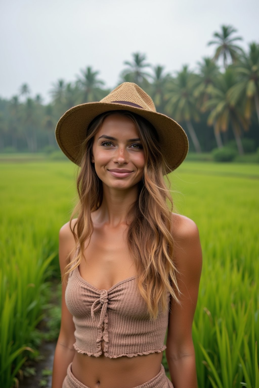 woman as digital nomad in Canggu, Bali near rice fields