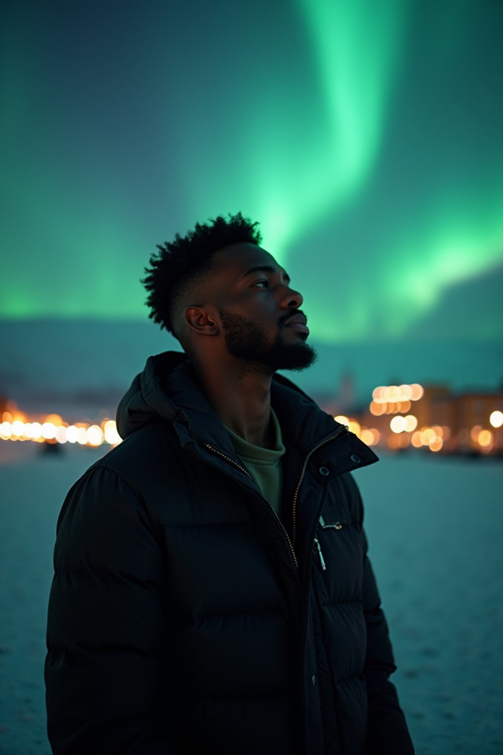 man as digital nomad in Reykjavik with the Northern Lights in the background