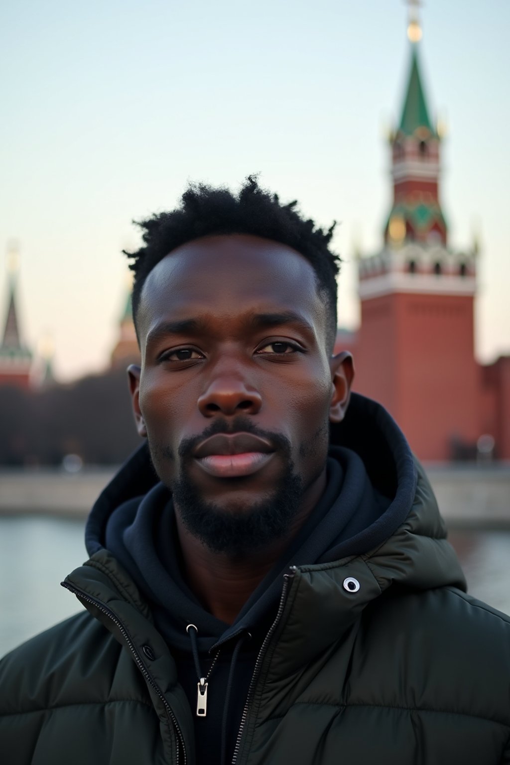 man as digital nomad in Moscow with the Kremlin in the background