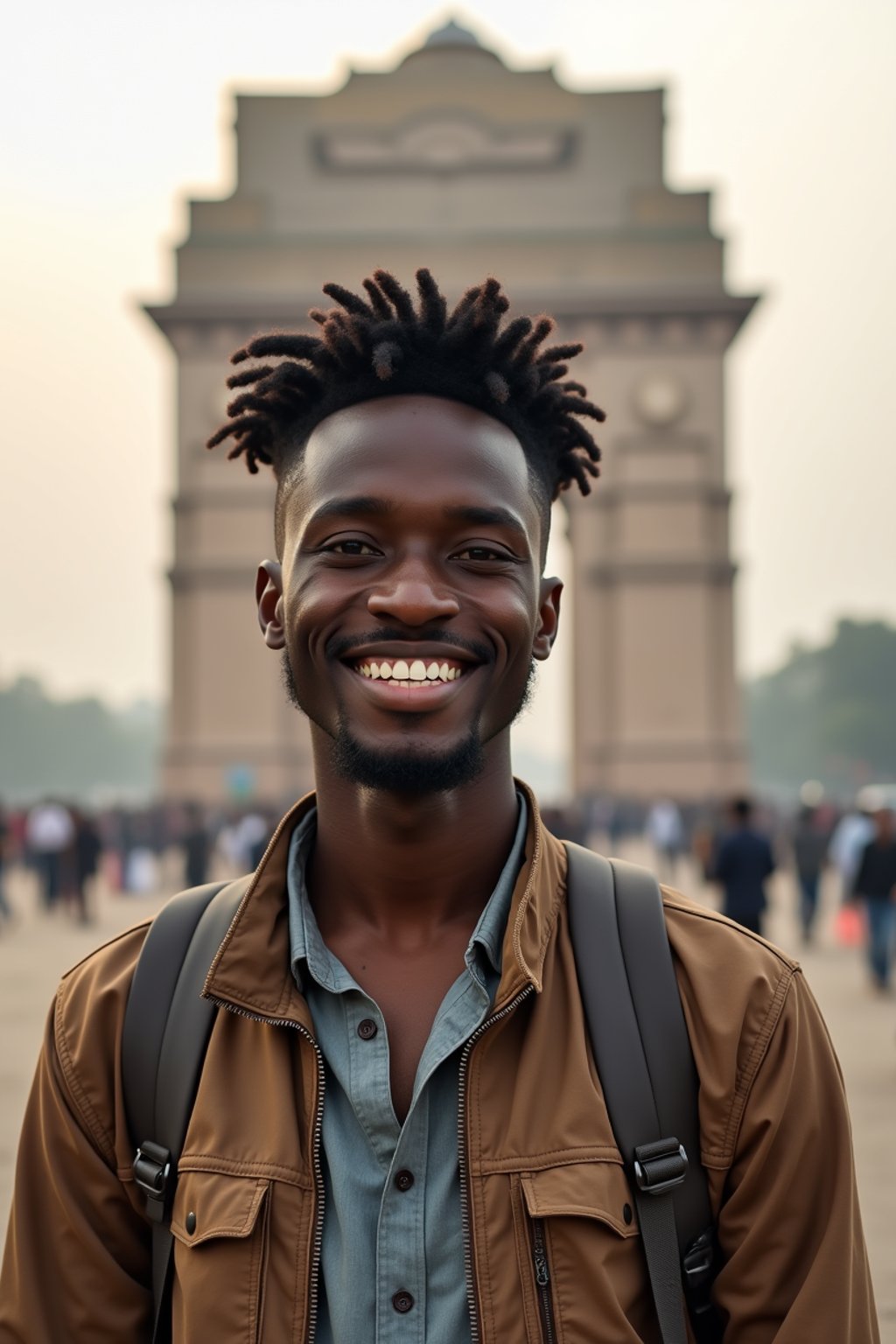 man as digital nomad in Delhi with the India Gate in the background