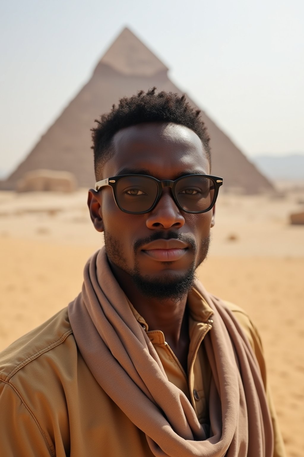 man as digital nomad in Cairo with the Pyramids of Giza in the background