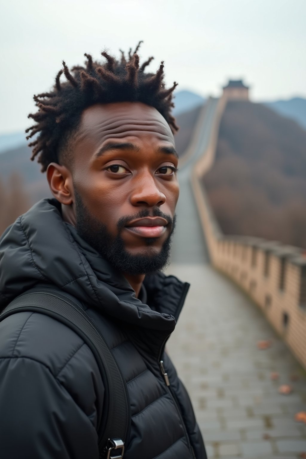 man as digital nomad in Beijing with the Great Wall in the background