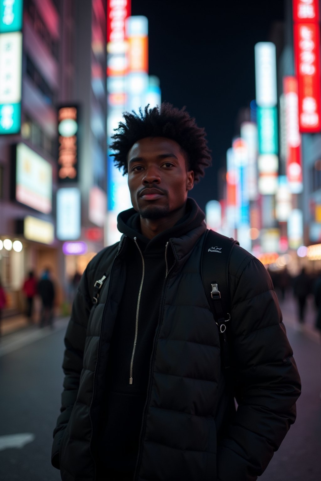 man as digital nomad in Tokyo at night with neon lights