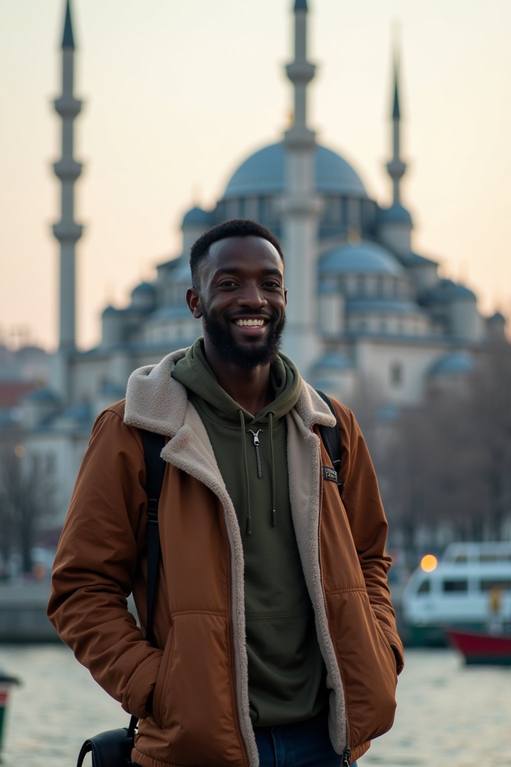 man as digital nomad in Istanbul with The Mosque in background