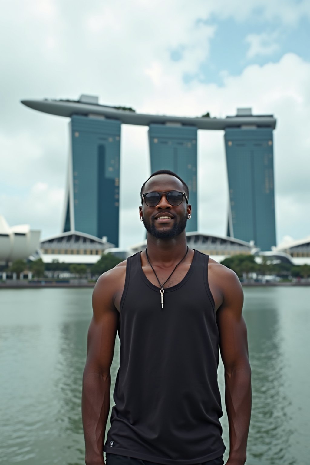 man as digital nomad in Singapore with Marina Bay Sands in background