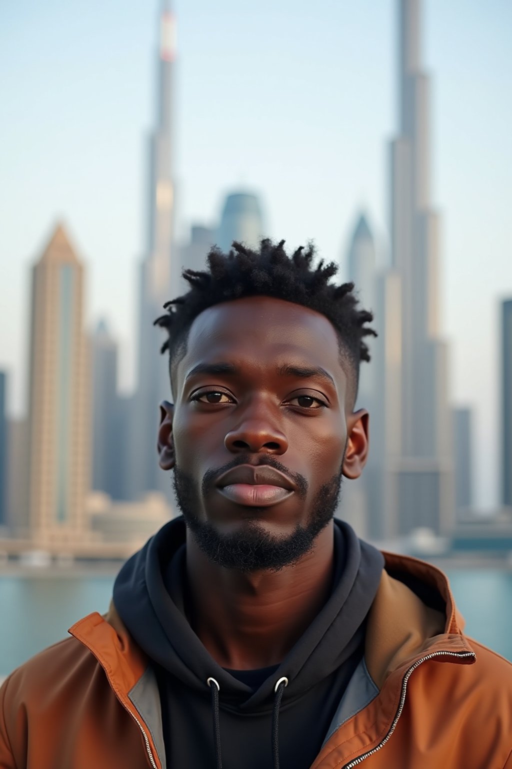 man as digital nomad in Dubai with skyline in background