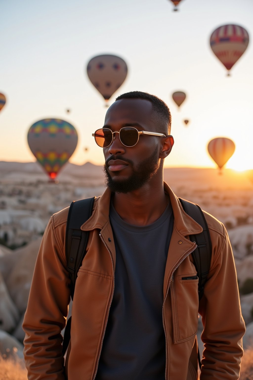 Breathtakingly man as digital nomad with hot air balloons in the background in cappadocia, Türkiye. Cappadocia, Turkey