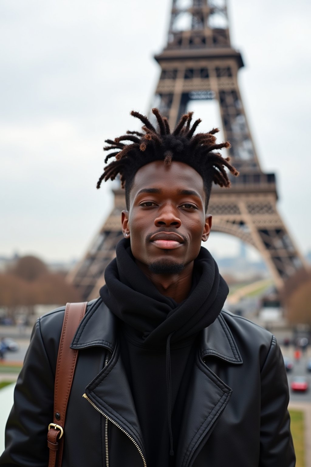 man as digital nomad in Paris with the Eiffel Tower in background