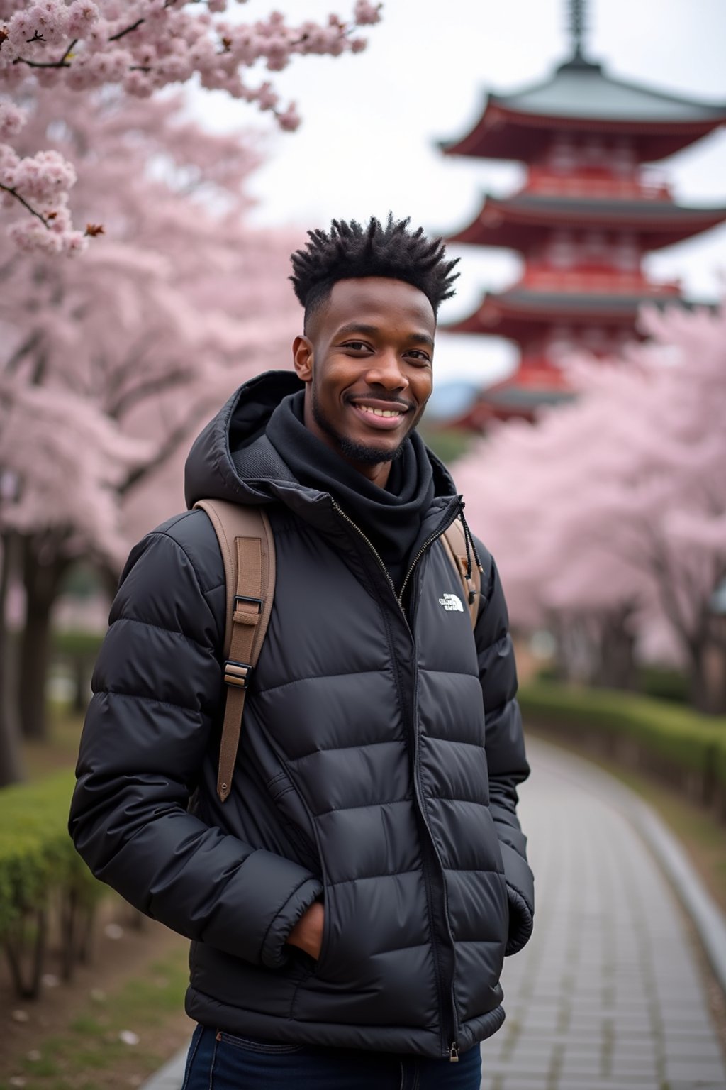 man as digital nomad in Japan with Japanese Cherry Blossom Trees and Japanese temples in background