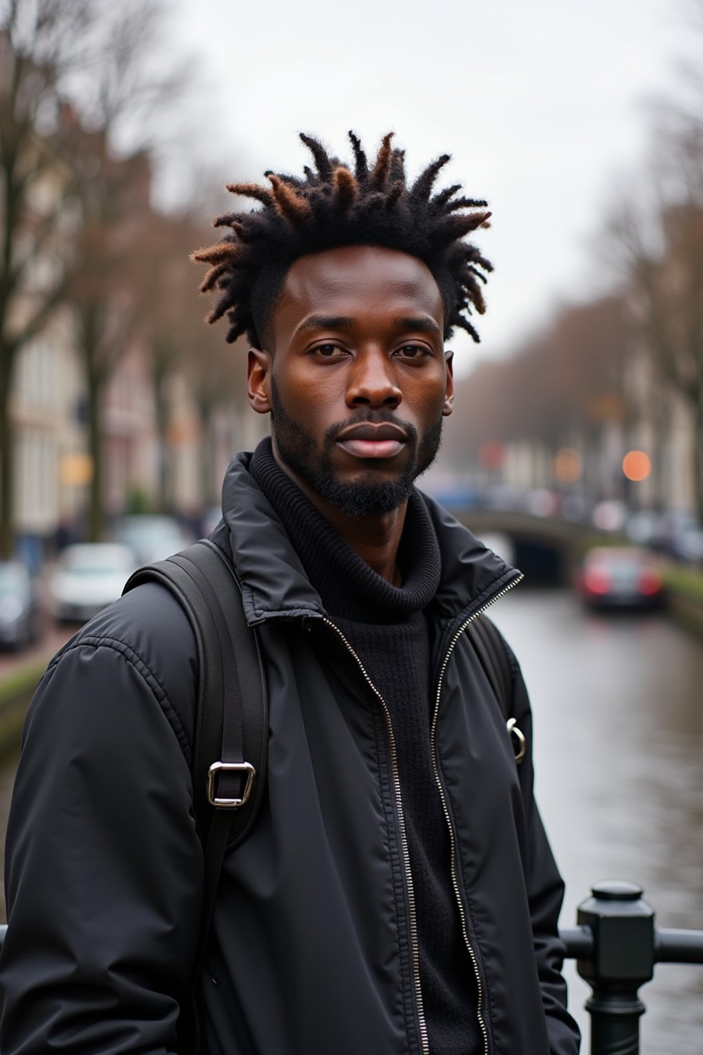 man as digital nomad in Amsterdam with the Amsterdam Canals in background