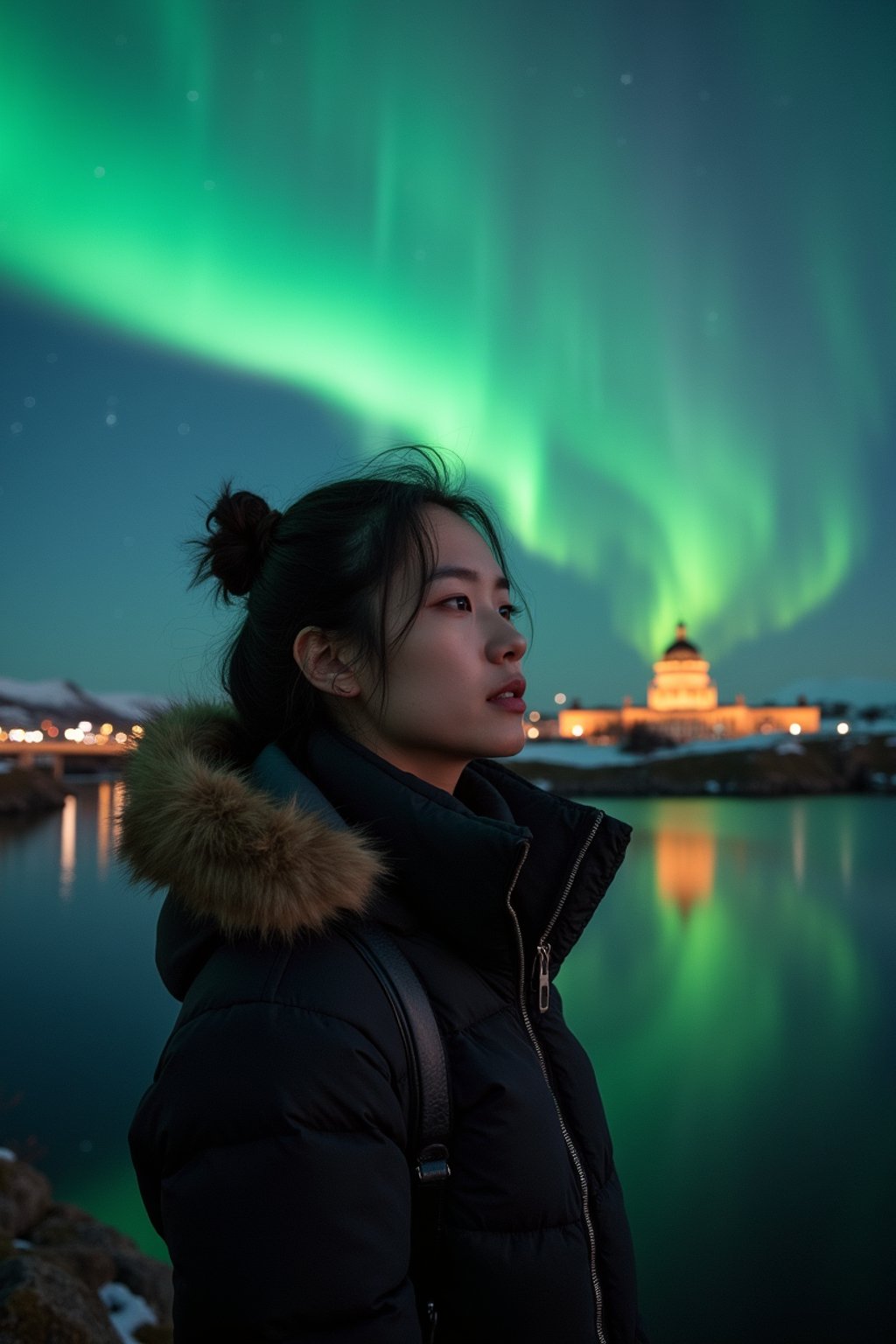 woman as digital nomad in Reykjavik with the Northern Lights in the background