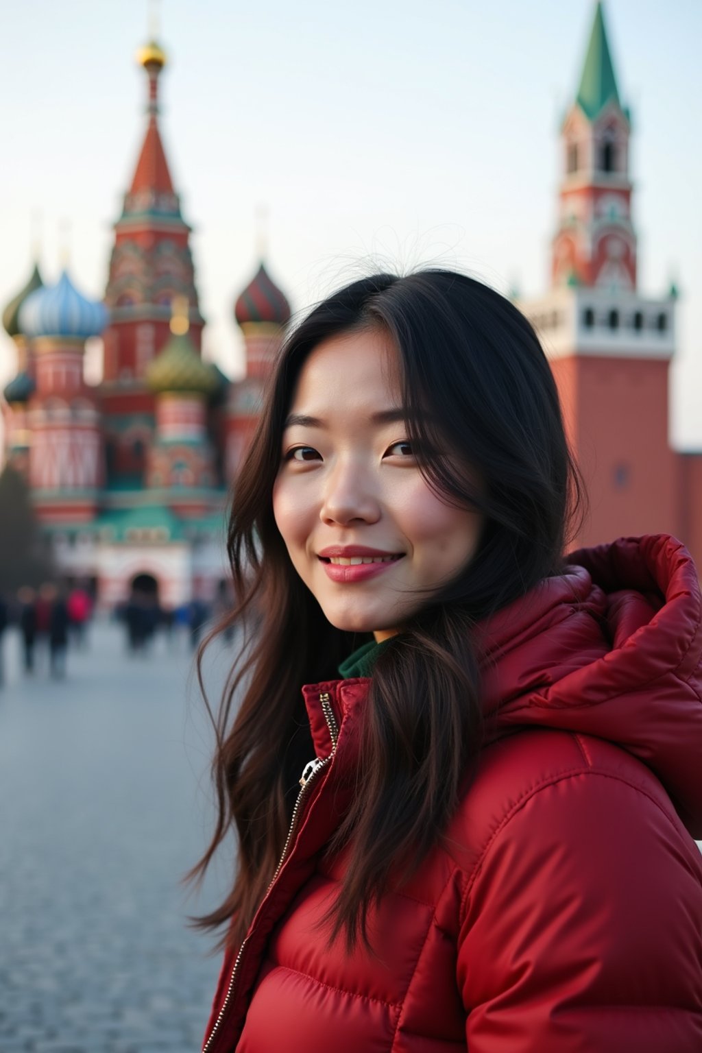 woman as digital nomad in Moscow with the Kremlin in the background