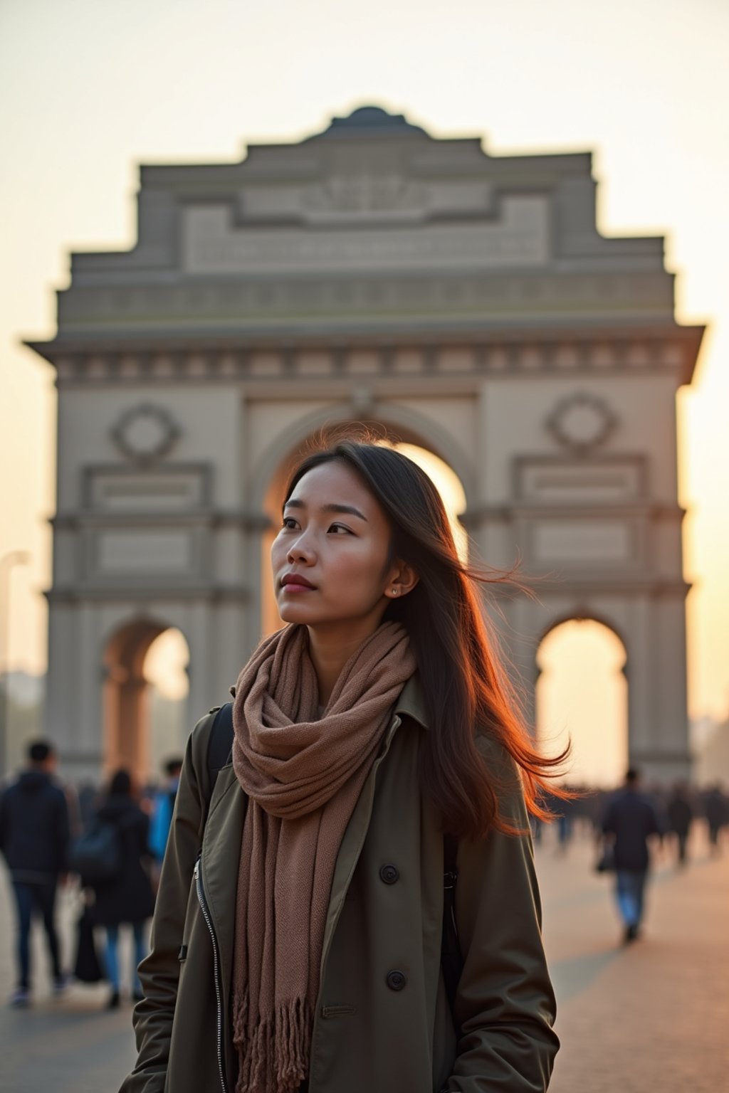 woman as digital nomad in Delhi with the India Gate in the background