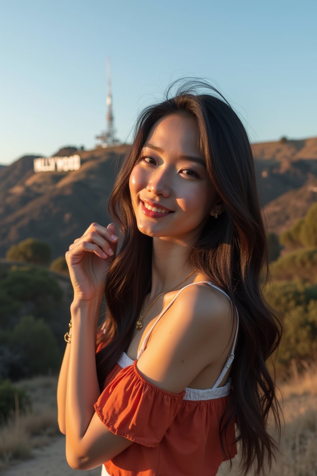 woman as digital nomad in Los Angeles with the Hollywood sign in the background