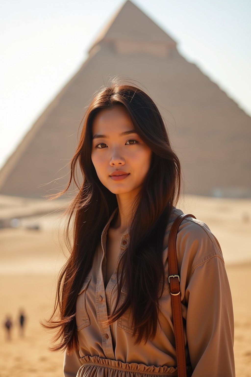 woman as digital nomad in Cairo with the Pyramids of Giza in the background