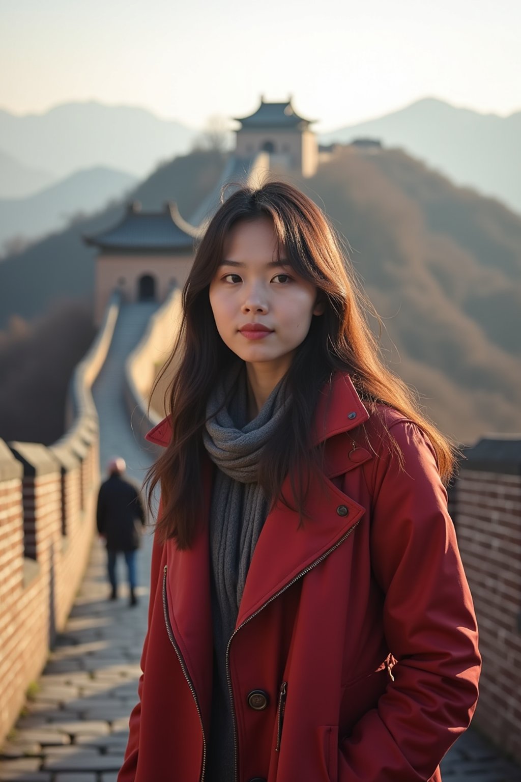 woman as digital nomad in Beijing with the Great Wall in the background