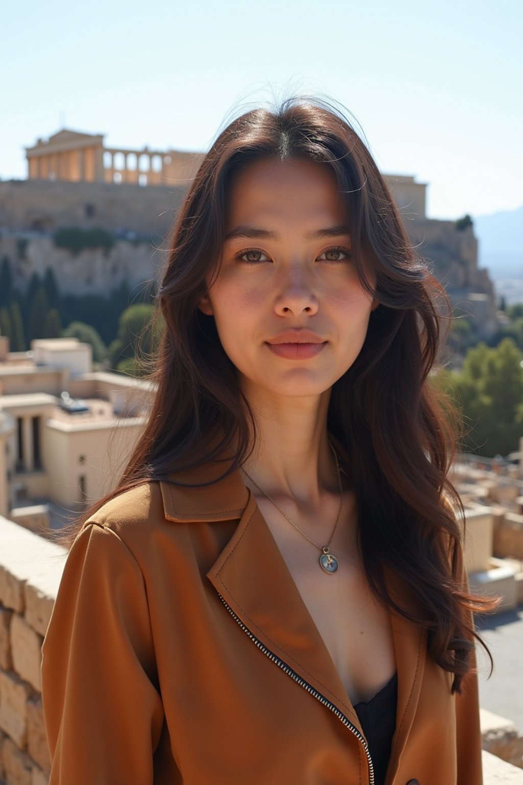 woman as digital nomad in Athens with the Acropolis in the background