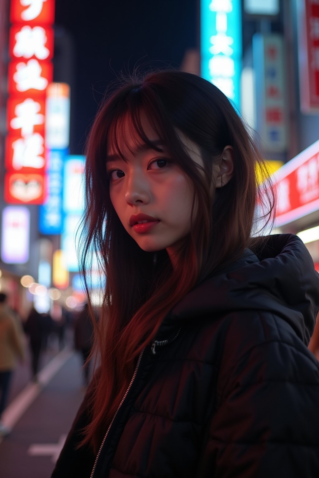 woman as digital nomad in Tokyo at night with neon lights