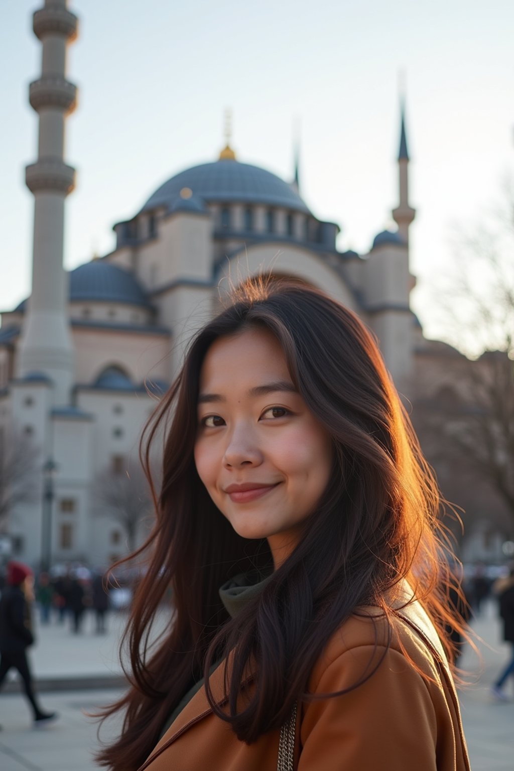 woman as digital nomad in Istanbul with The Mosque in background