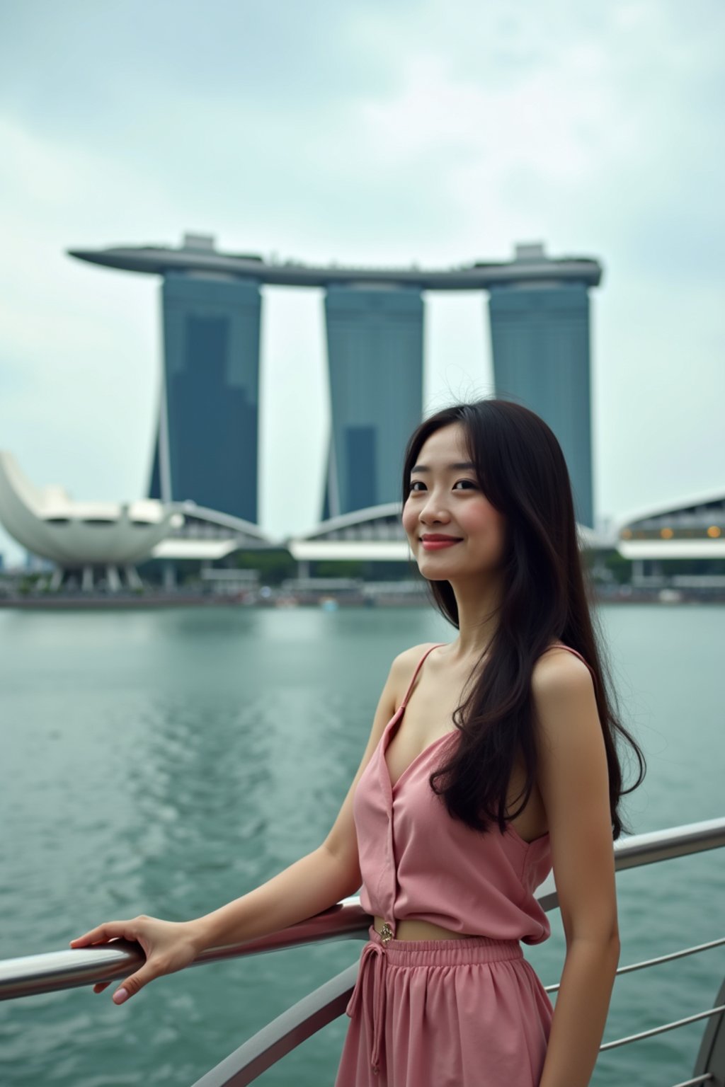 woman as digital nomad in Singapore with Marina Bay Sands in background