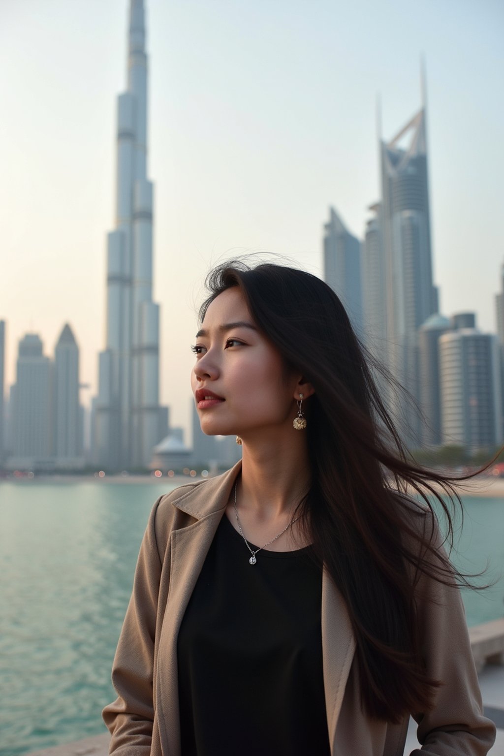 woman as digital nomad in Dubai with skyline in background