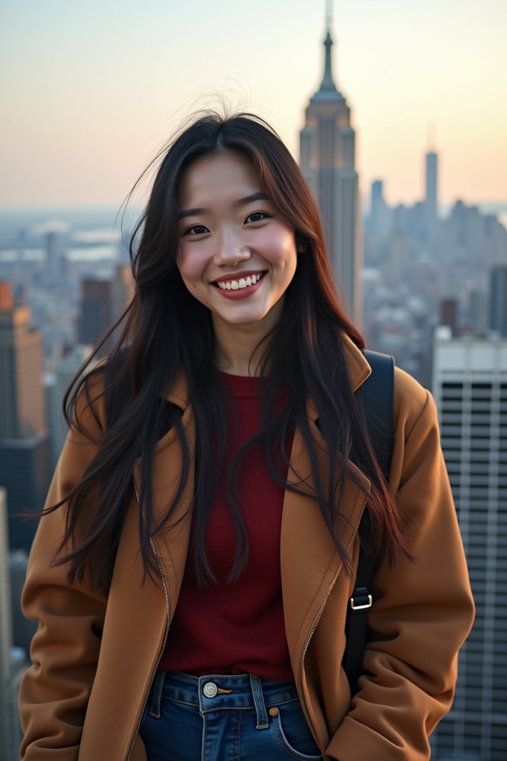 woman as digital nomad in New York City with Manhattan in background