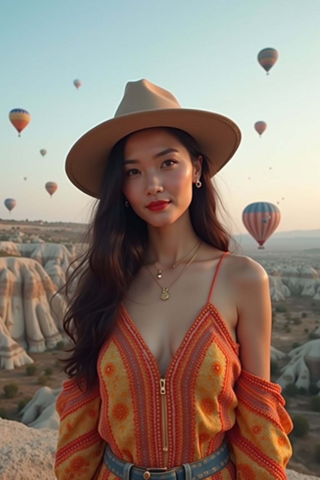 Breathtakingly woman as digital nomad with hot air balloons in the background in cappadocia, Türkiye. Cappadocia, Turkey