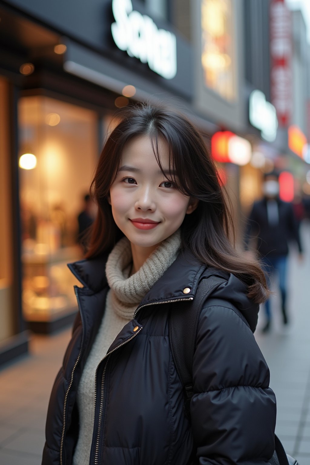 woman as digital nomad in Seoul in Gangnam in Cheongdamdong Luxury Shopping street. stores visible in background