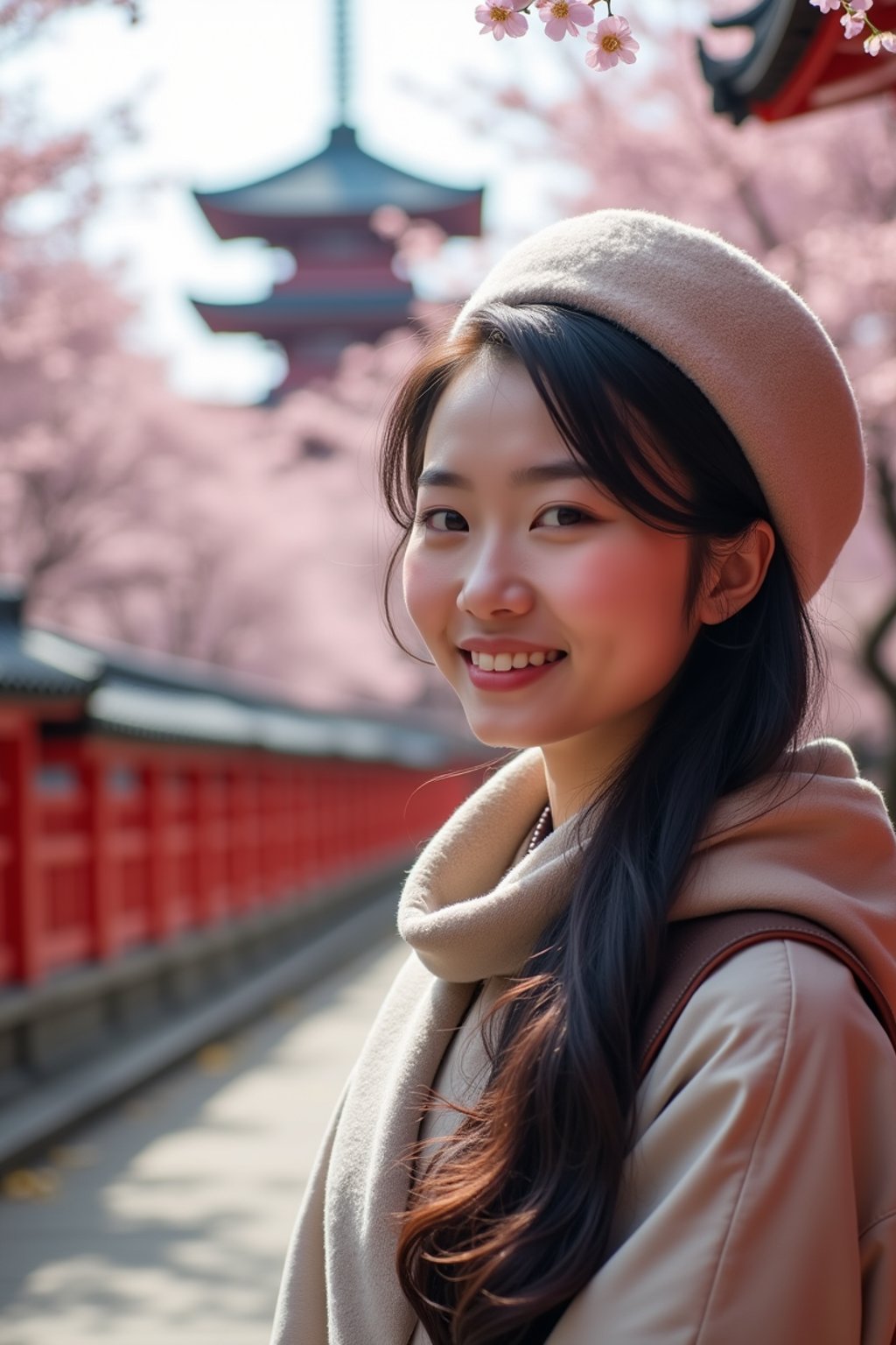 woman as digital nomad in Japan with Japanese Cherry Blossom Trees and Japanese temples in background