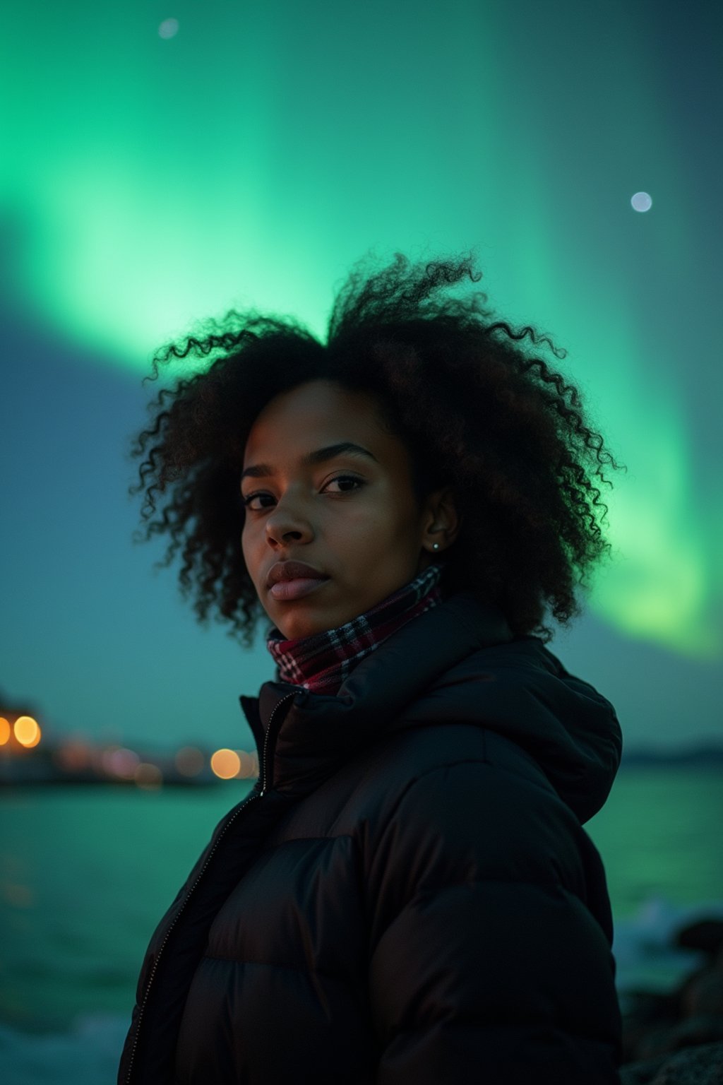 woman as digital nomad in Reykjavik with the Northern Lights in the background