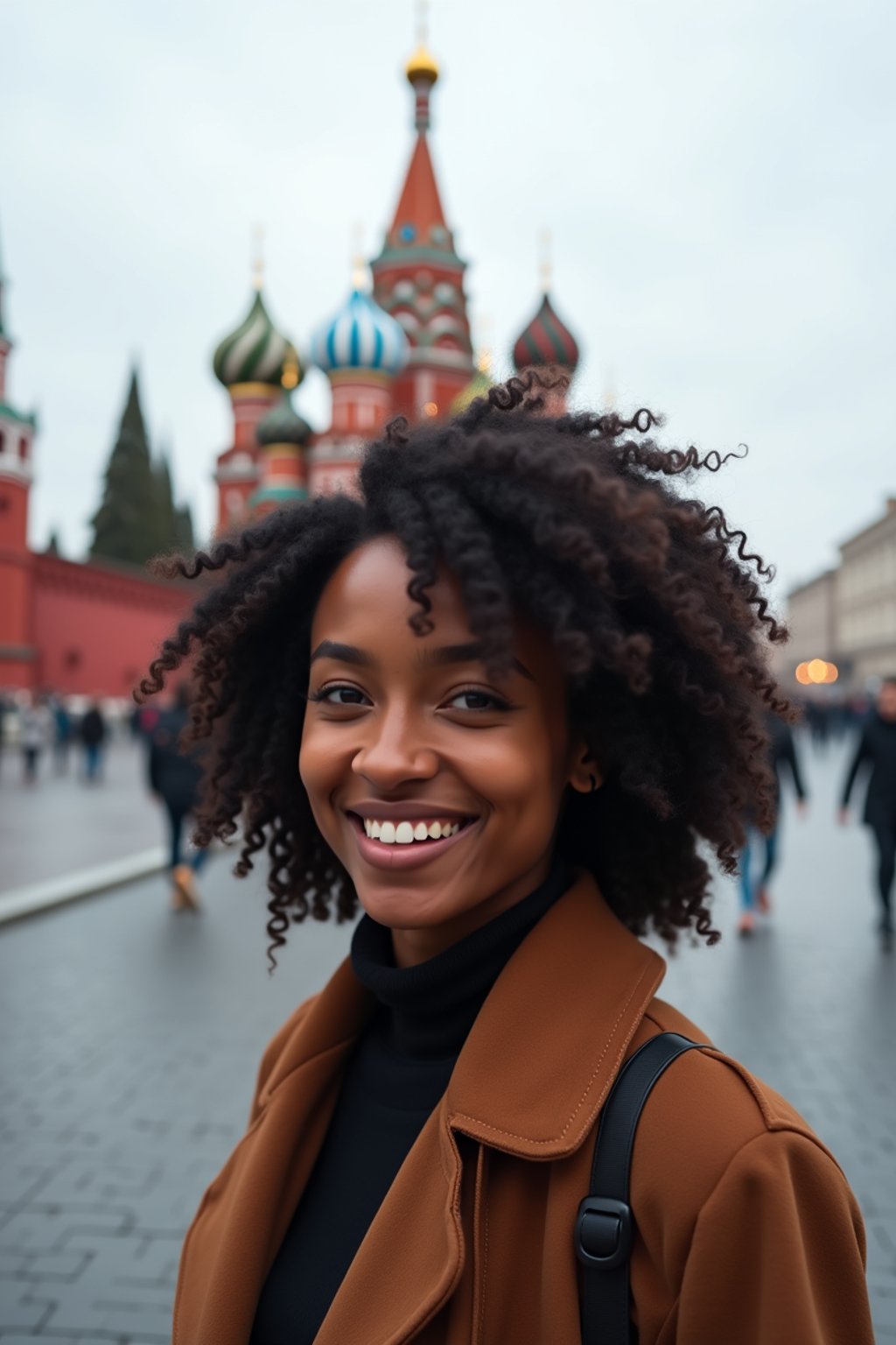 woman as digital nomad in Moscow with the Kremlin in the background