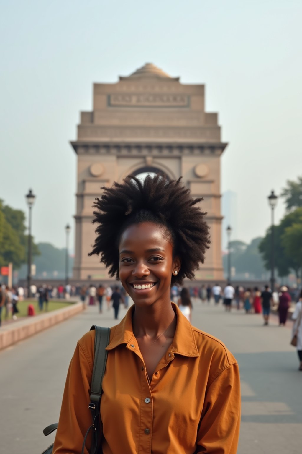 woman as digital nomad in Delhi with the India Gate in the background