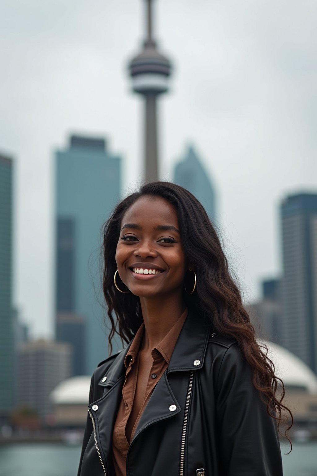 woman as digital nomad in Toronto with the CN Tower in the background