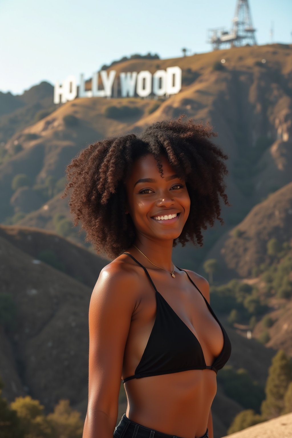 woman as digital nomad in Los Angeles with the Hollywood sign in the background