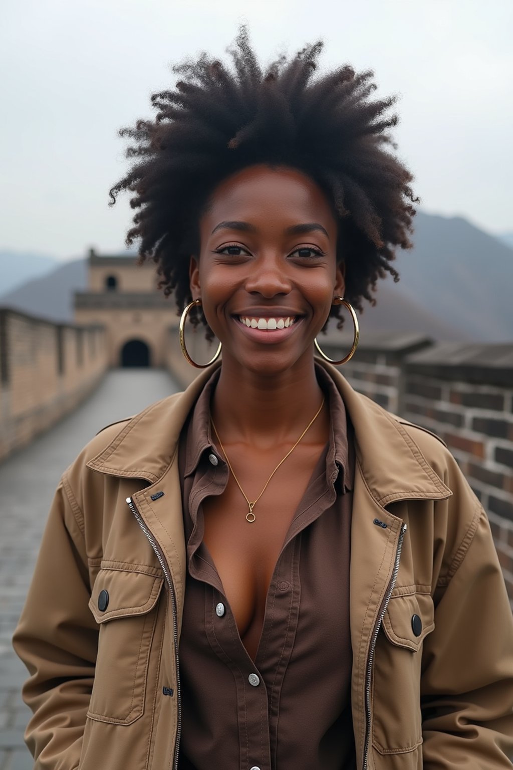 woman as digital nomad in Beijing with the Great Wall in the background