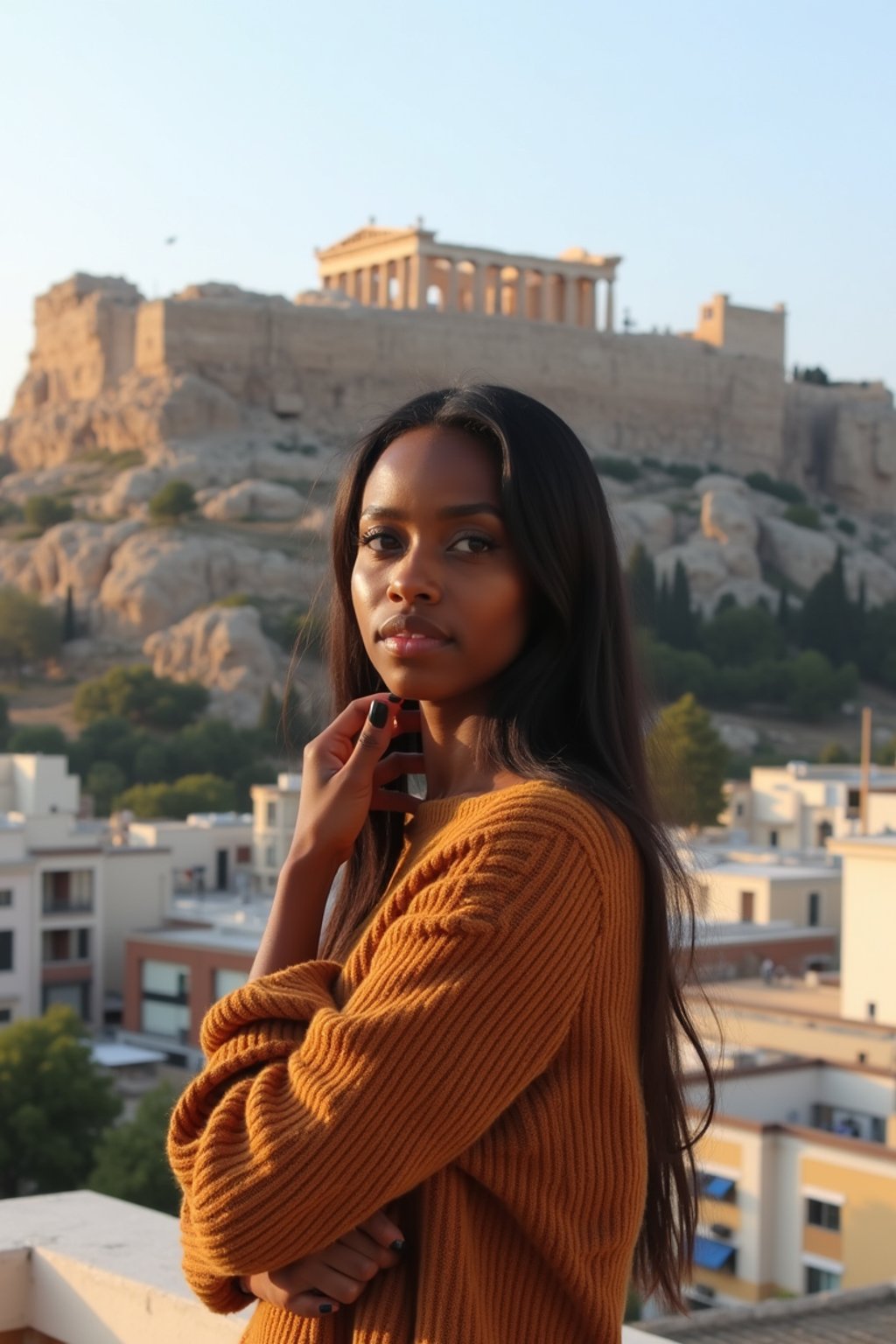 woman as digital nomad in Athens with the Acropolis in the background