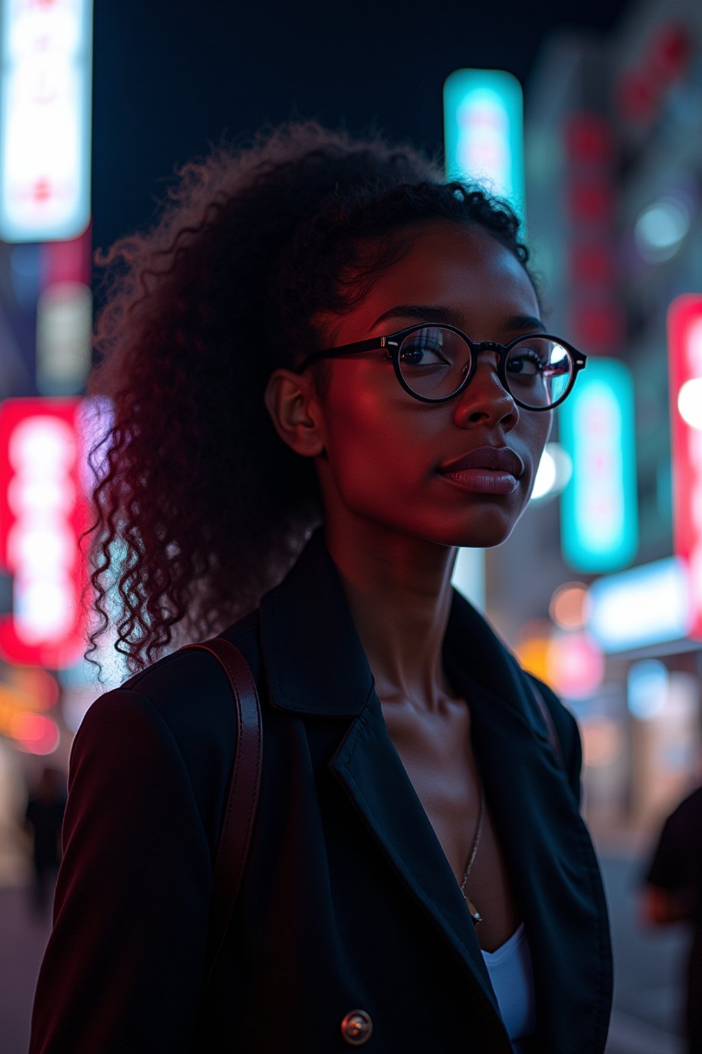 woman as digital nomad in Tokyo at night with neon lights