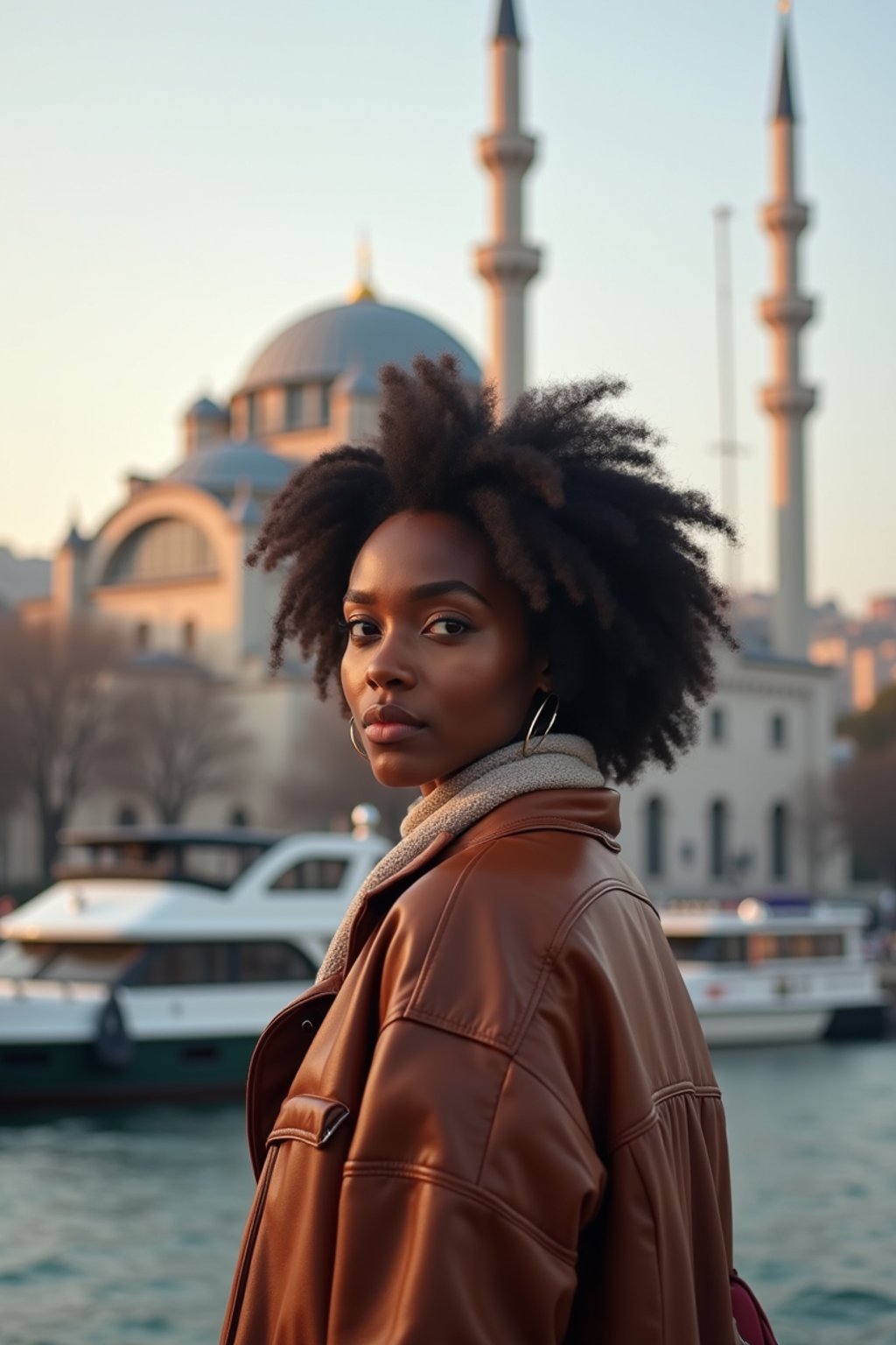 woman as digital nomad in Istanbul with The Mosque in background