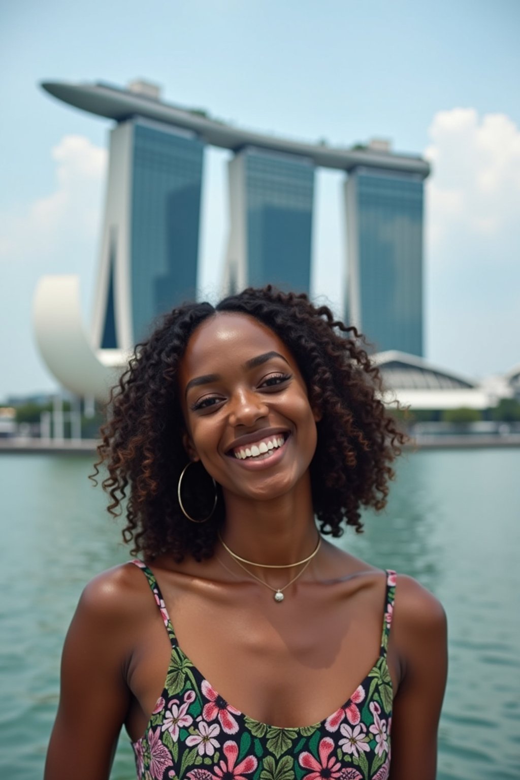 woman as digital nomad in Singapore with Marina Bay Sands in background