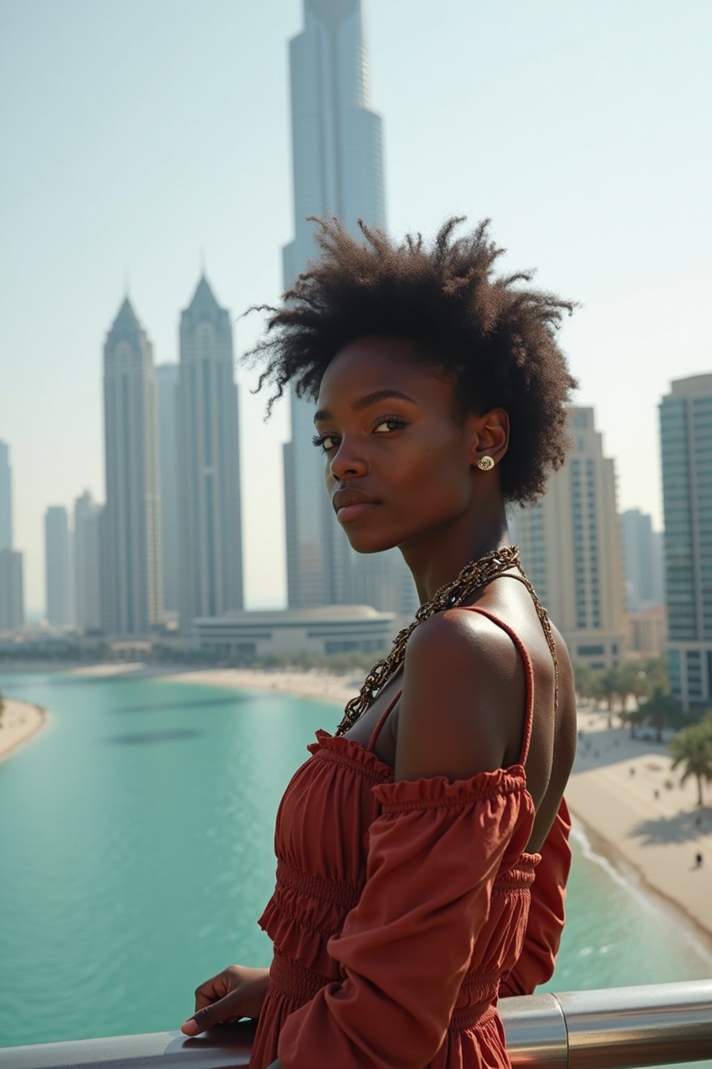 woman as digital nomad in Dubai with skyline in background