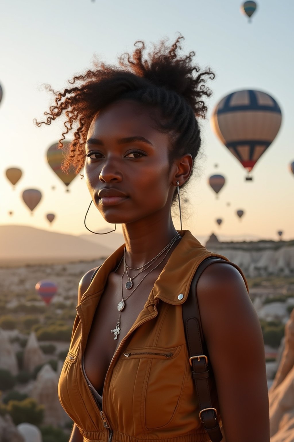 Breathtakingly woman as digital nomad with hot air balloons in the background in cappadocia, Türkiye. Cappadocia, Turkey