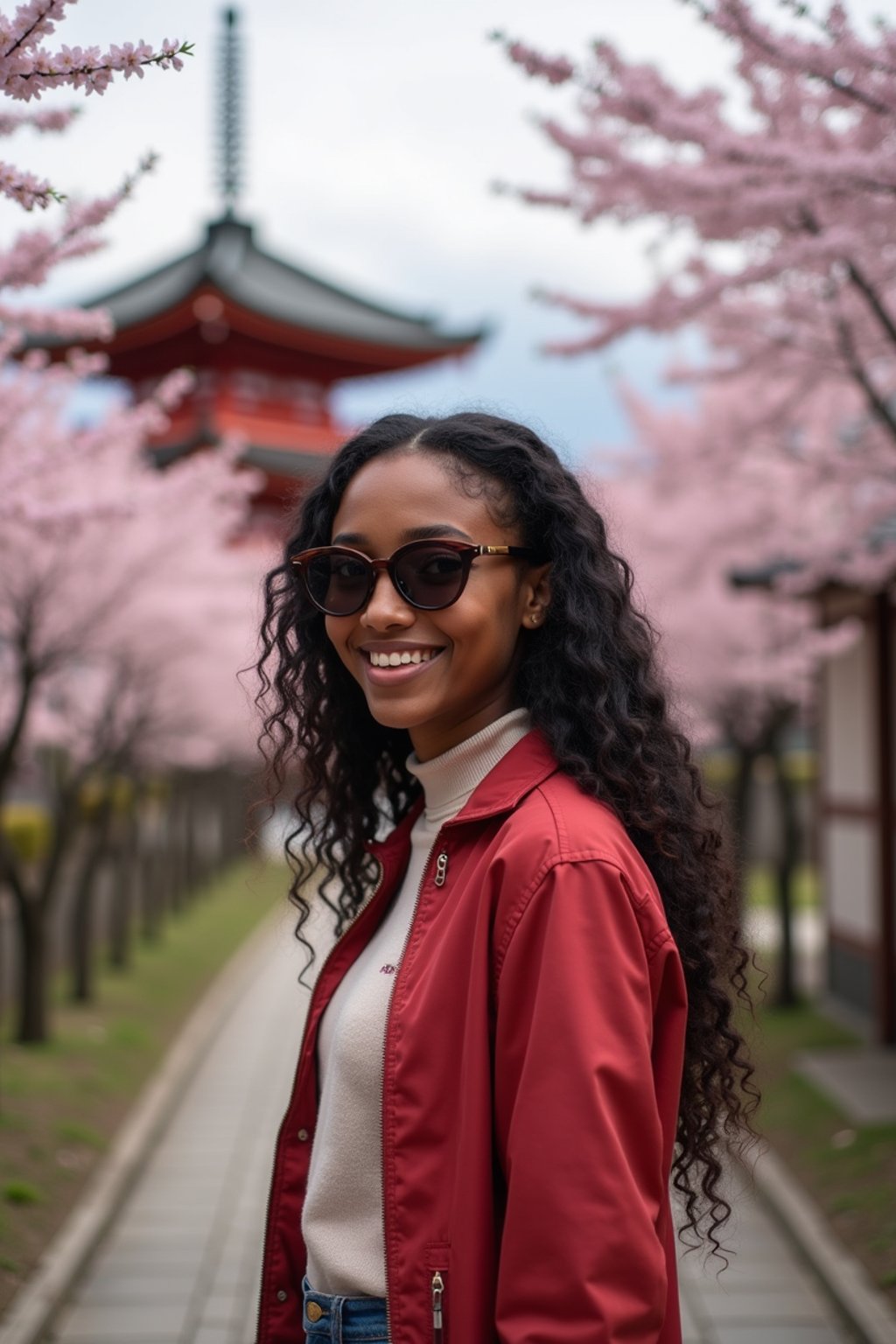 woman as digital nomad in Japan with Japanese Cherry Blossom Trees and Japanese temples in background