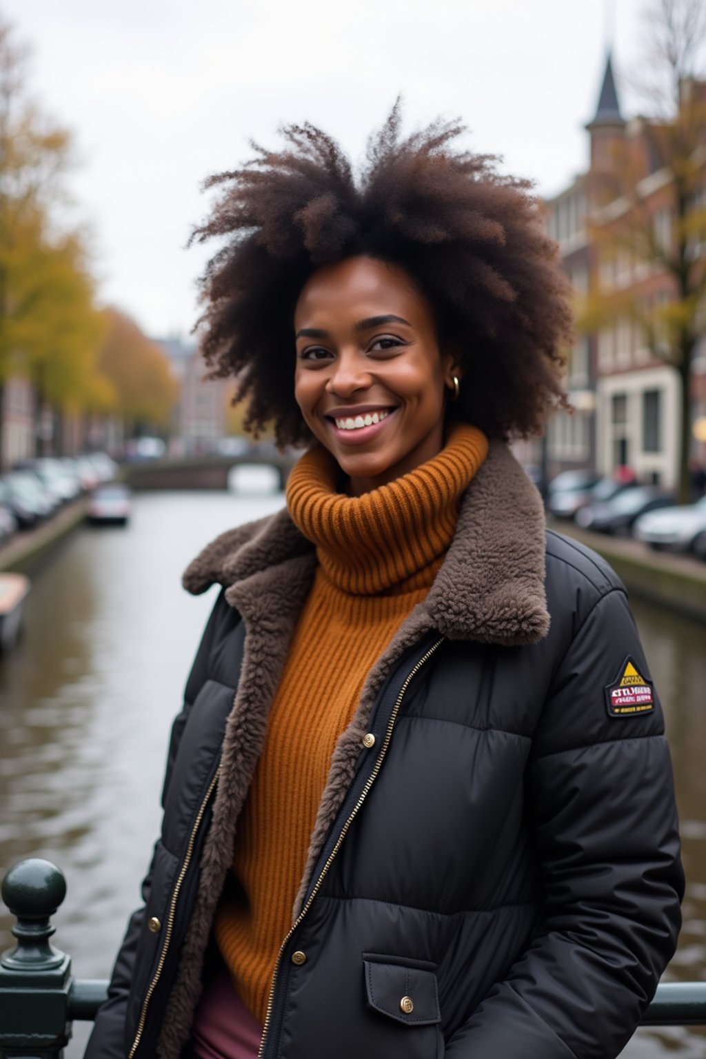 woman as digital nomad in Amsterdam with the Amsterdam Canals in background