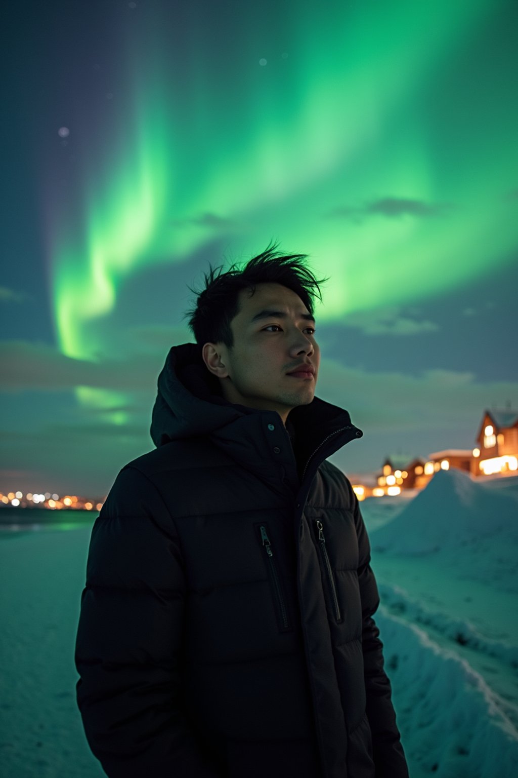 man as digital nomad in Reykjavik with the Northern Lights in the background