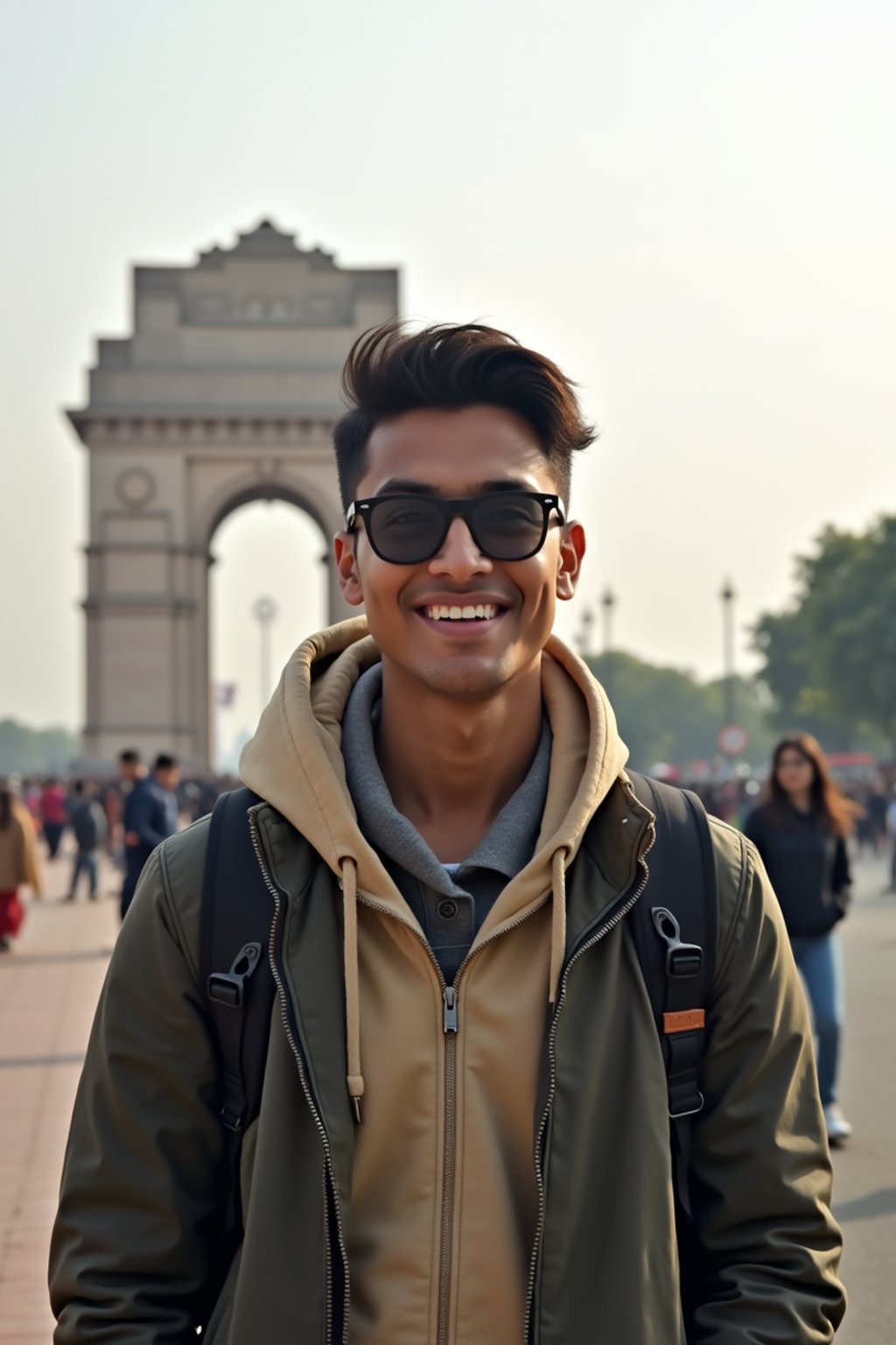 man as digital nomad in Delhi with the India Gate in the background