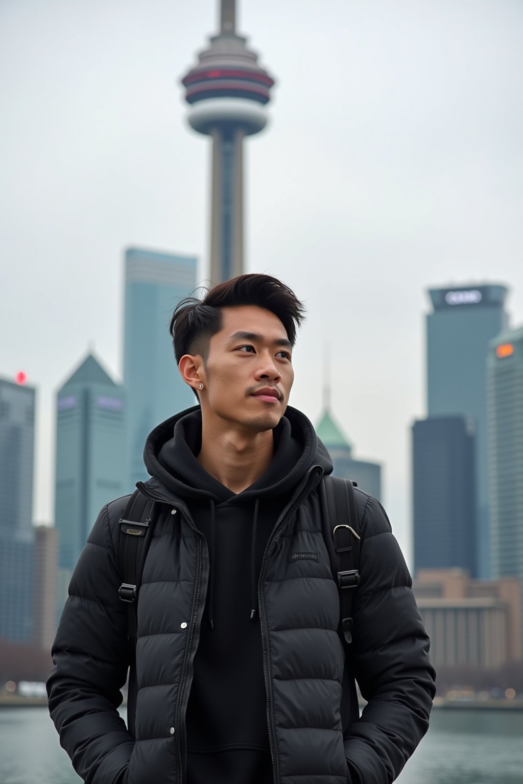 man as digital nomad in Toronto with the CN Tower in the background